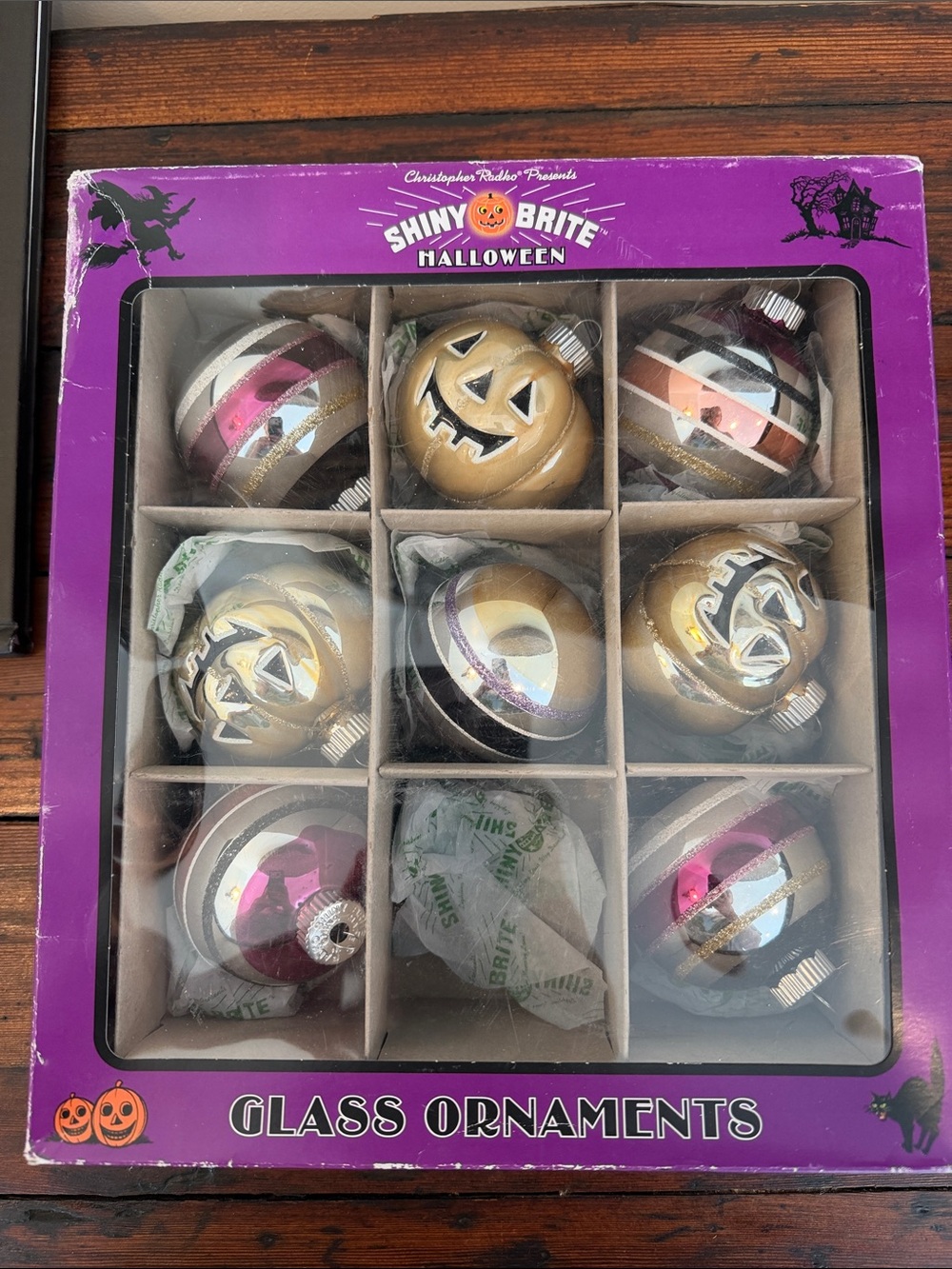 Christopher Radko Shiny Brite Halloween Glass Ornament Set in Gold and Pink.